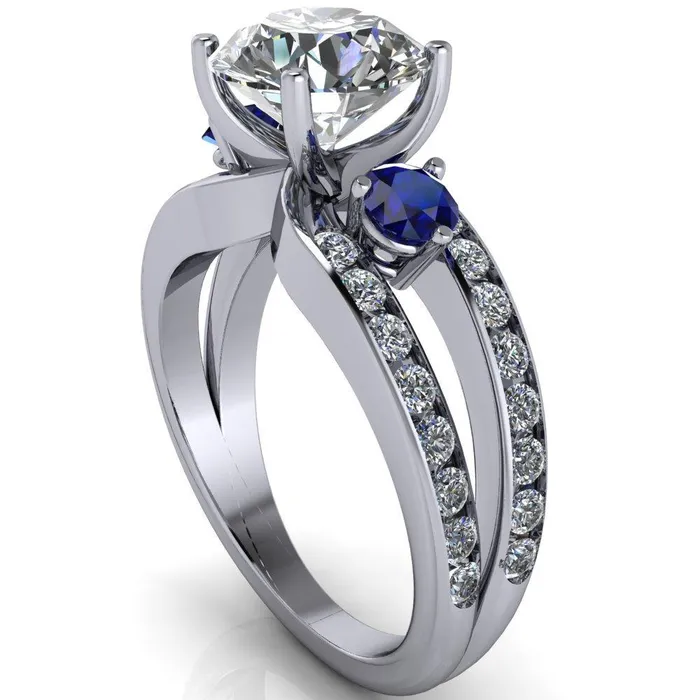 Rings Orion Round Center Stone 2 Round Blue Sapphire Sides Split Shank Diamond Channel Set Ring Fire Brilliance 
