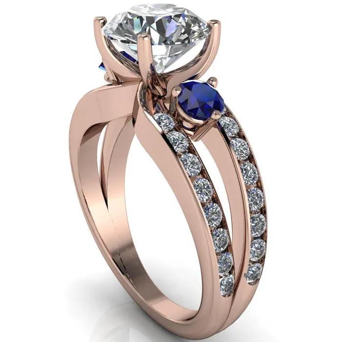 Rings Orion Round Center Stone 2 Round Blue Sapphire Sides Split Shank Diamond Channel Set Ring Fire Brilliance 