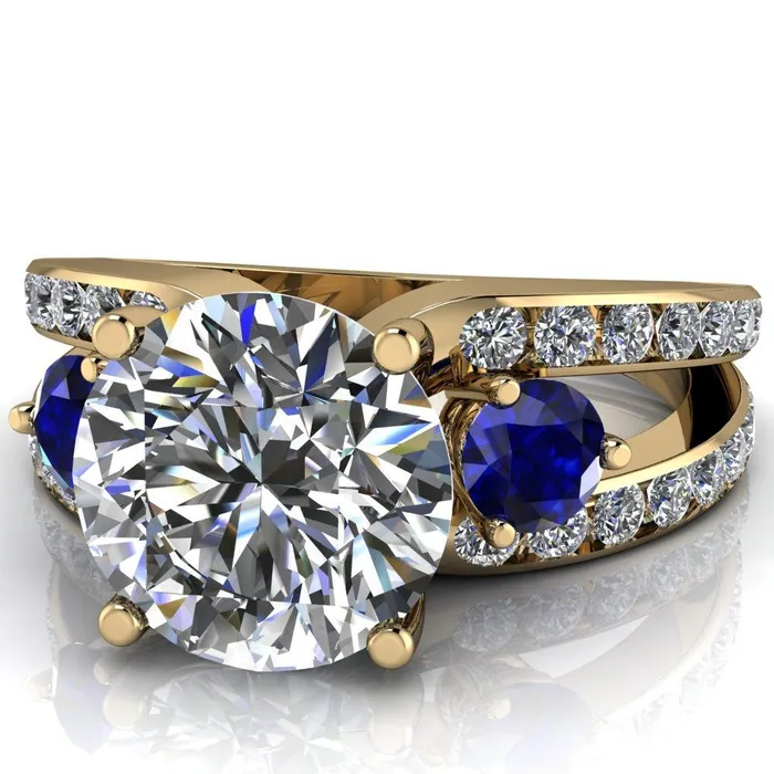 Rings Orion Round Center Stone 2 Round Blue Sapphire Sides Split Shank Diamond Channel Set Ring Fire Brilliance 