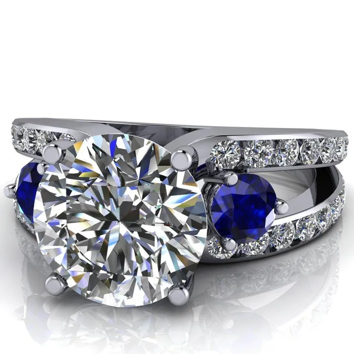 Rings Orion Round Center Stone 2 Round Blue Sapphire Sides Split Shank Diamond Channel Set Ring Fire Brilliance 
