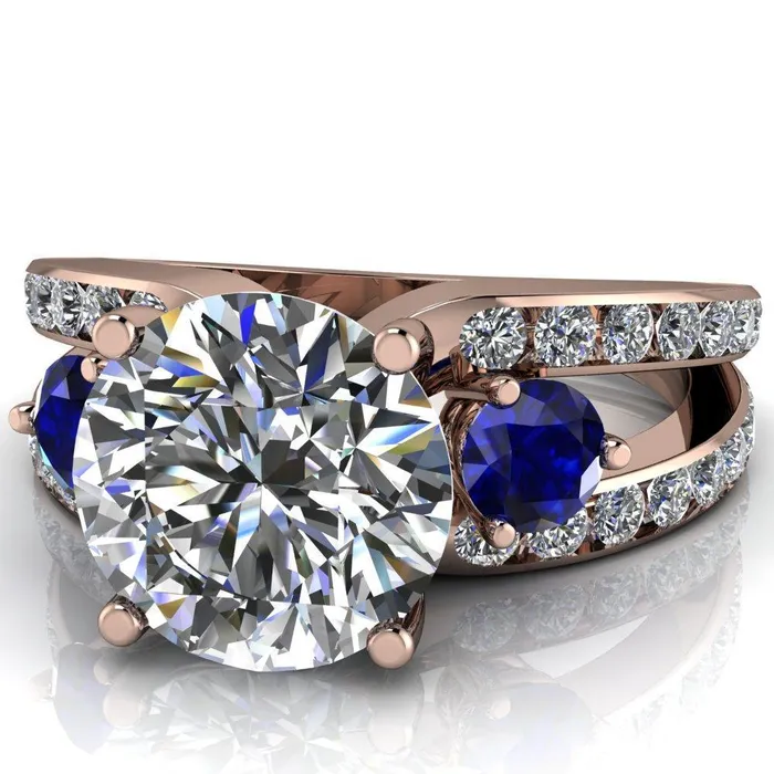 Rings Orion Round Center Stone 2 Round Blue Sapphire Sides Split Shank Diamond Channel Set Ring Fire Brilliance 