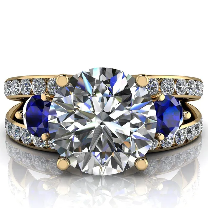 Rings Orion Round Center Stone 2 Round Blue Sapphire Sides Split Shank Diamond Channel Set Ring Fire Brilliance 