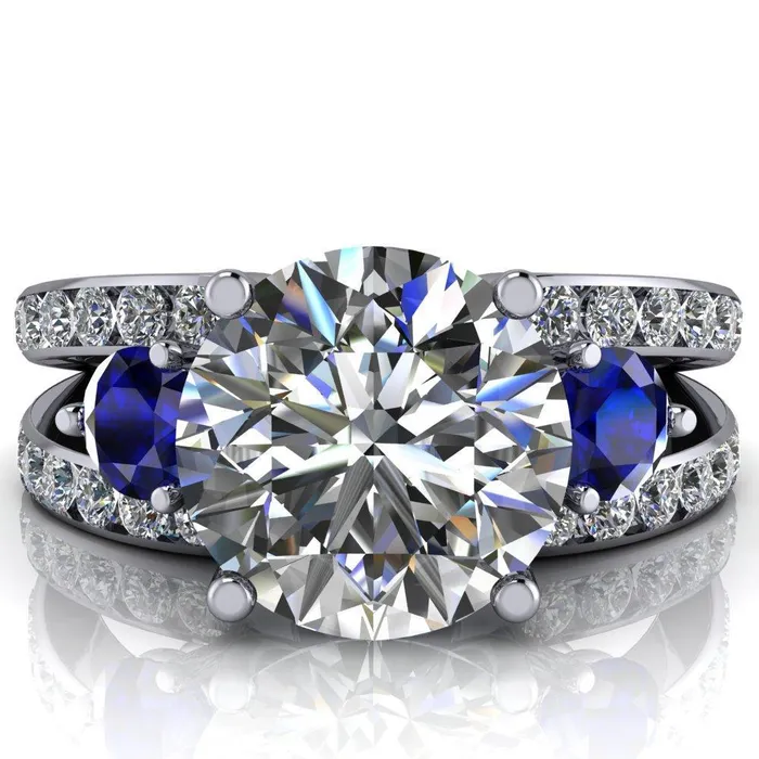 Rings Orion Round Center Stone 2 Round Blue Sapphire Sides Split Shank Diamond Channel Set Ring Fire Brilliance 