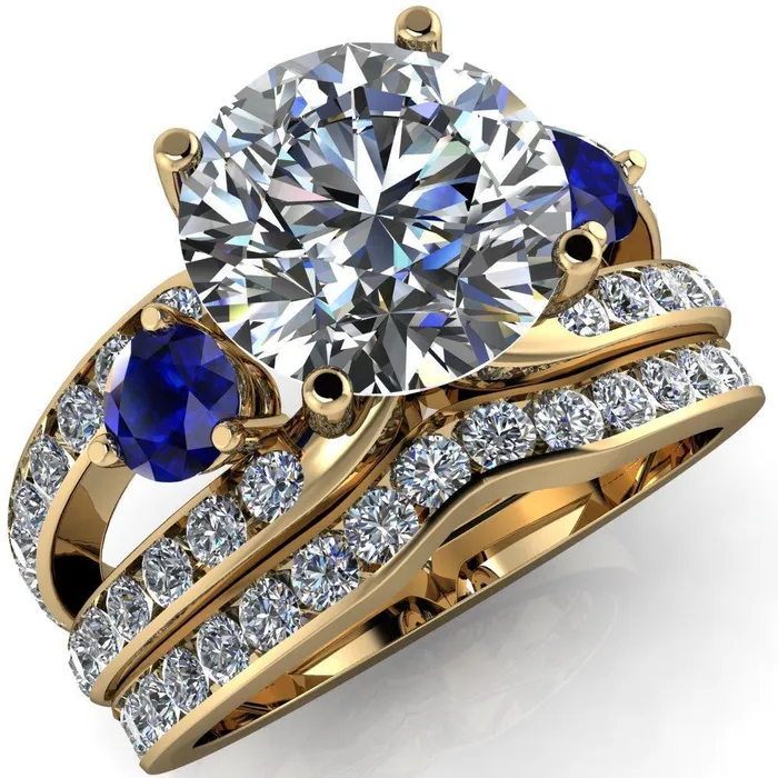 Rings Orion Round Center Stone 2 Round Blue Sapphire Sides Split Shank Diamond Channel Set Ring Fire Brilliance 
