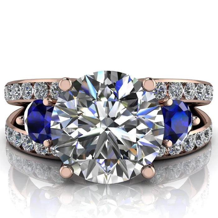 Rings Orion Round Center Stone 2 Round Blue Sapphire Sides Split Shank Diamond Channel Set Ring Fire Brilliance 