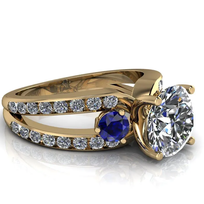 Rings Orion Round Center Stone 2 Round Blue Sapphire Sides Split Shank Diamond Channel Set Ring Fire Brilliance 