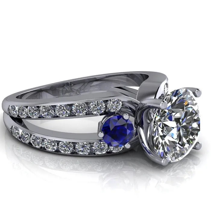 Rings Orion Round Center Stone 2 Round Blue Sapphire Sides Split Shank Diamond Channel Set Ring Fire Brilliance 