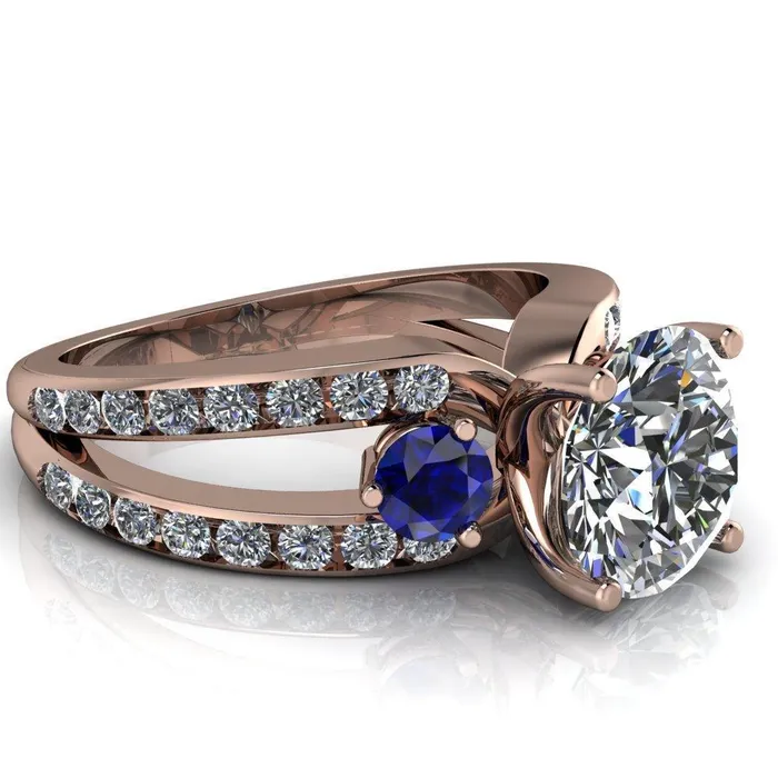Rings Orion Round Center Stone 2 Round Blue Sapphire Sides Split Shank Diamond Channel Set Ring Fire Brilliance 
