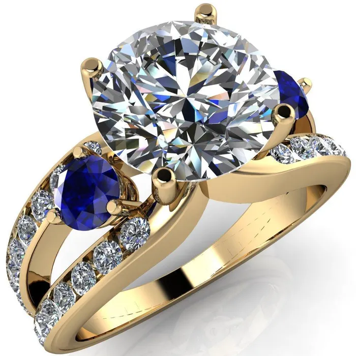 Rings Orion Round Center Stone 2 Round Blue Sapphire Sides Split Shank Diamond Channel Set Ring Fire Brilliance 