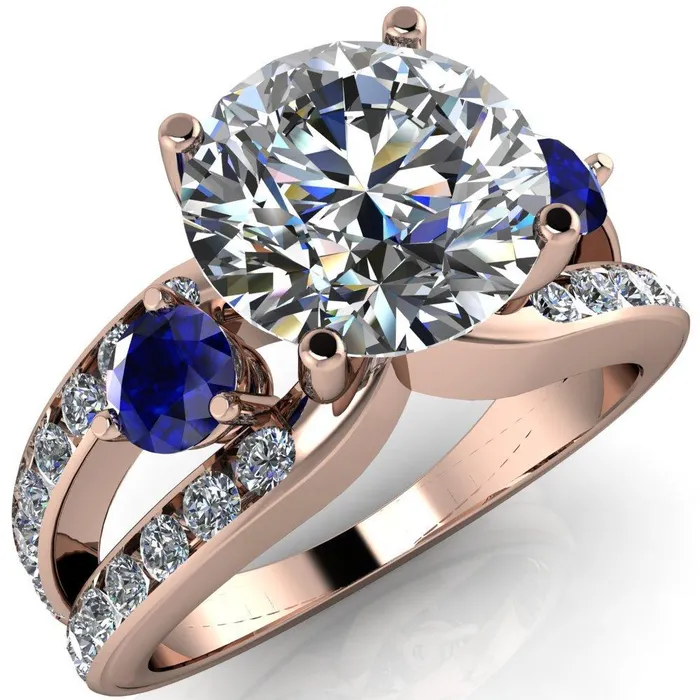 Rings Orion Round Center Stone 2 Round Blue Sapphire Sides Split Shank Diamond Channel Set Ring Fire Brilliance 