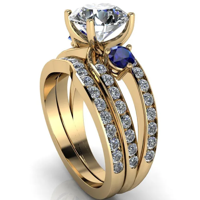 Rings Orion Round Center Stone 2 Round Blue Sapphire Sides Split Shank Diamond Channel Set Ring Fire Brilliance 
