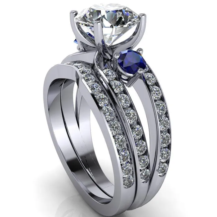 Rings Orion Round Center Stone 2 Round Blue Sapphire Sides Split Shank Diamond Channel Set Ring Fire Brilliance 