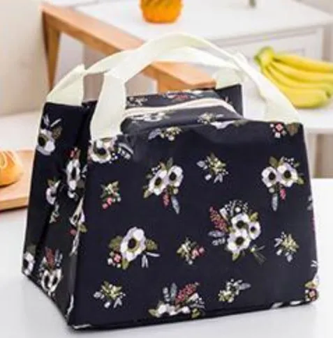Rings Polly G204 Black Floral Print Insulated Lunch Tote with Zipper Closure