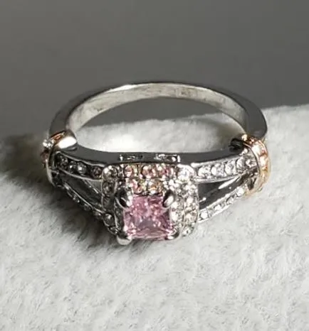 Rings R89 Silver Pink Gem Rose Gold Accent Rhinestone Ring alice