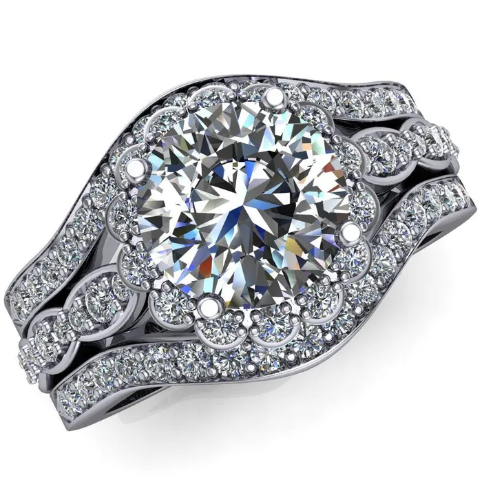 Rings Samantha Round Center Stone Bezel Halo Micro Pave Curved Shank Ring Fire Brilliance 