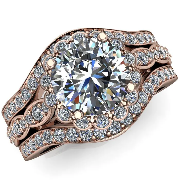 Rings Samantha Round Center Stone Bezel Halo Micro Pave Curved Shank Ring Fire Brilliance 
