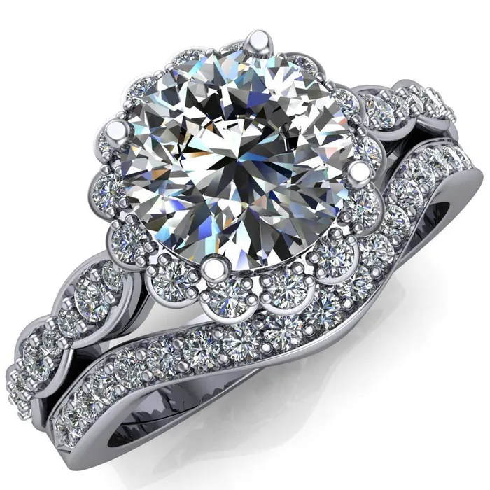 Rings Samantha Round Center Stone Bezel Halo Micro Pave Curved Shank Ring Fire Brilliance 