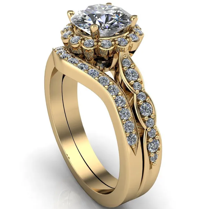 Rings Samantha Round Center Stone Bezel Halo Micro Pave Curved Shank Ring Fire Brilliance 