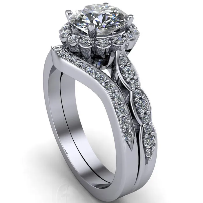 Rings Samantha Round Center Stone Bezel Halo Micro Pave Curved Shank Ring Fire Brilliance 