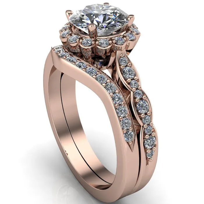 Rings Samantha Round Center Stone Bezel Halo Micro Pave Curved Shank Ring Fire Brilliance 