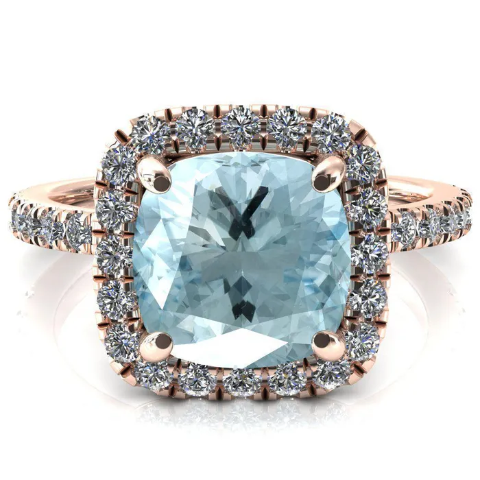 Rings Talia Cushion Aqua Blue Spinel 4 Prong Halo 58 Micropave Engagement Ring Fire Brilliance 