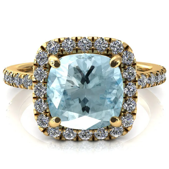 Rings Talia Cushion Aqua Blue Spinel 4 Prong Halo 58 Micropave Engagement Ring Fire Brilliance 