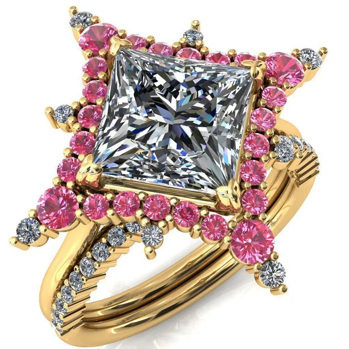 Rings Thalim PrincessSquare Moissanite 4Point Star Pink Sapphire and Diamond Halo Ring ver 2 Fire Brilliance Rings Thalim PrincessSquare Moissanite 4Point Star Pink Sapphire and Diamond Halo Ring ver 2 Fire Brilliance