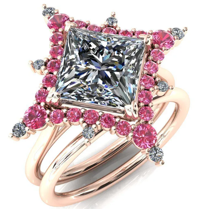 Rings Thalim PrincessSquare Moissanite 4Point Star Pink Sapphire and Diamond Halo Ring ver 2 Fire Brilliance 