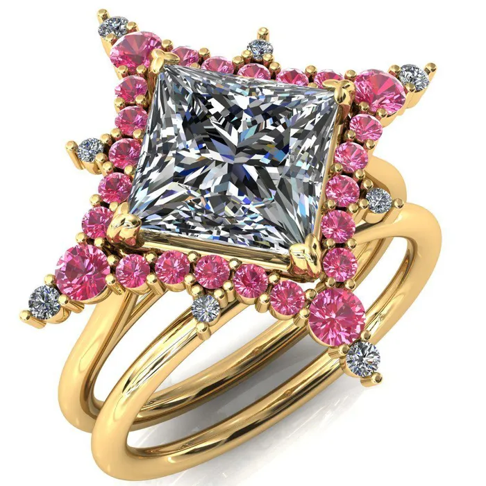 Rings Thalim PrincessSquare Moissanite 4Point Star Pink Sapphire and Diamond Halo Ring ver 2 Fire Brilliance 