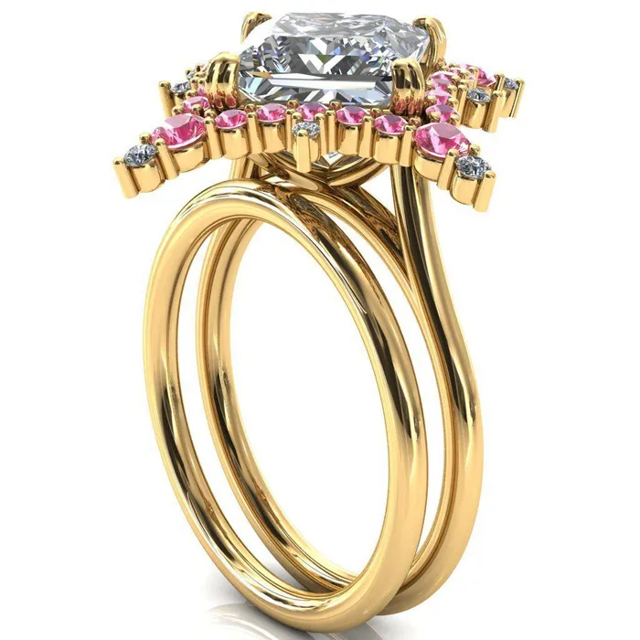 Rings Thalim PrincessSquare Moissanite 4Point Star Pink Sapphire and Diamond Halo Ring ver 2 Fire Brilliance 