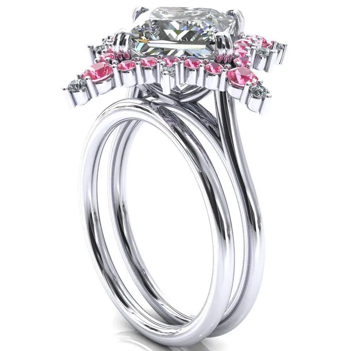 Rings Thalim PrincessSquare Moissanite 4Point Star Pink Sapphire and Diamond Halo Ring ver 2 Fire Brilliance 