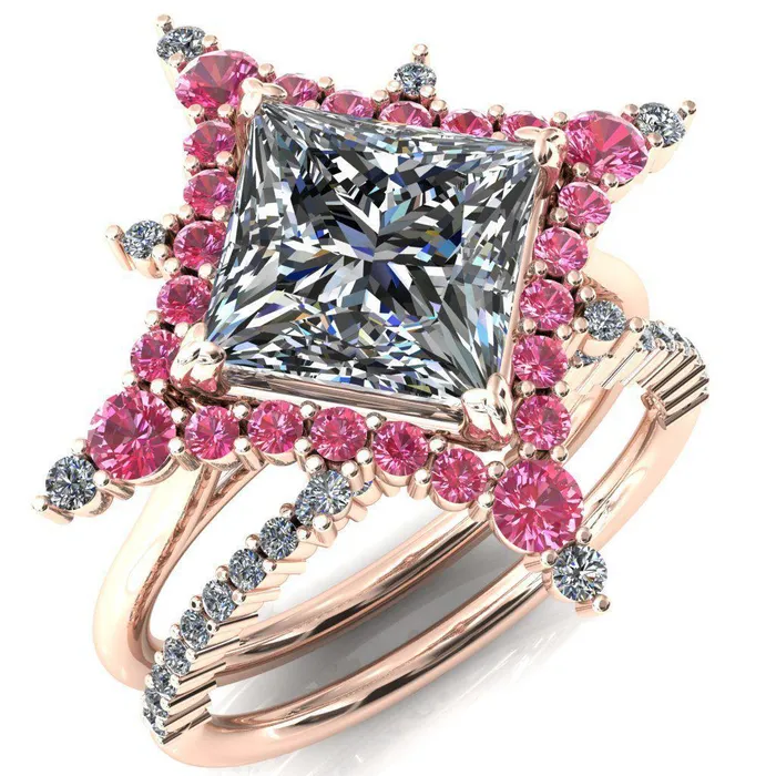Rings Thalim PrincessSquare Moissanite 4Point Star Pink Sapphire and Diamond Halo Ring ver 2 Fire Brilliance 