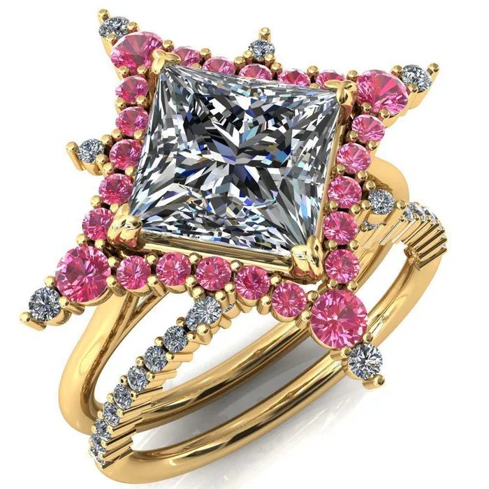 Rings Thalim PrincessSquare Moissanite 4Point Star Pink Sapphire and Diamond Halo Ring ver 2 Fire Brilliance 