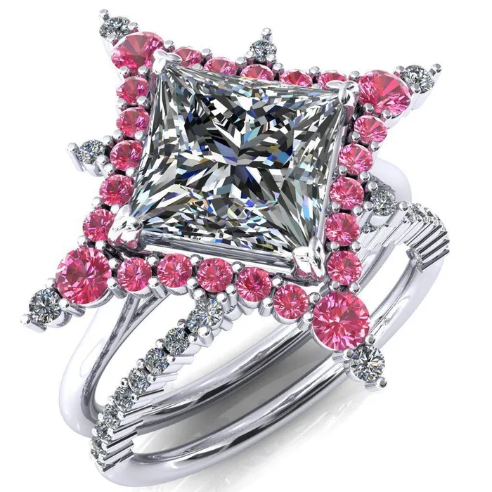 Rings Thalim PrincessSquare Moissanite 4Point Star Pink Sapphire and Diamond Halo Ring ver 2 Fire Brilliance 