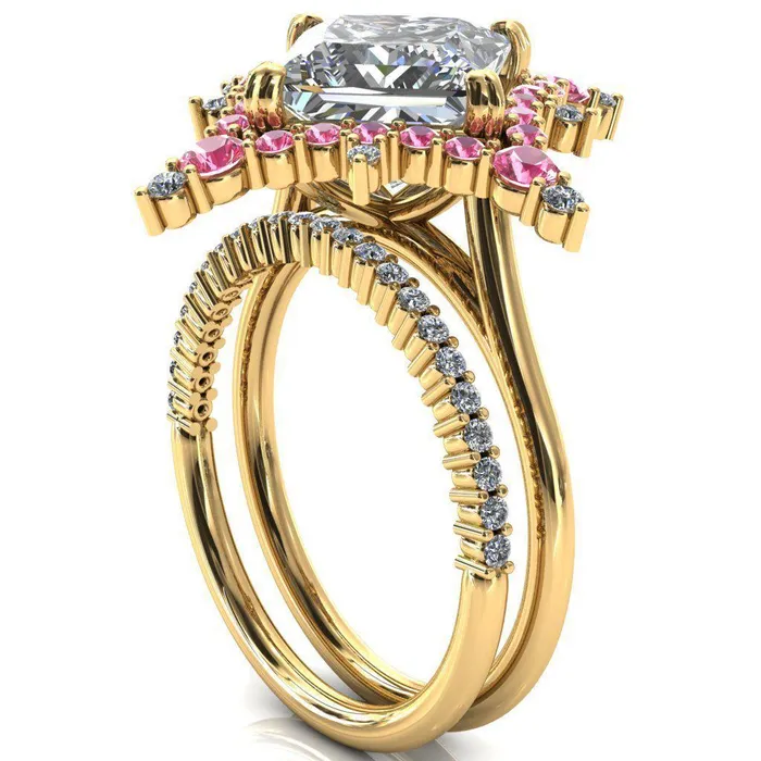 Rings Thalim PrincessSquare Moissanite 4Point Star Pink Sapphire and Diamond Halo Ring ver 2 Fire Brilliance 