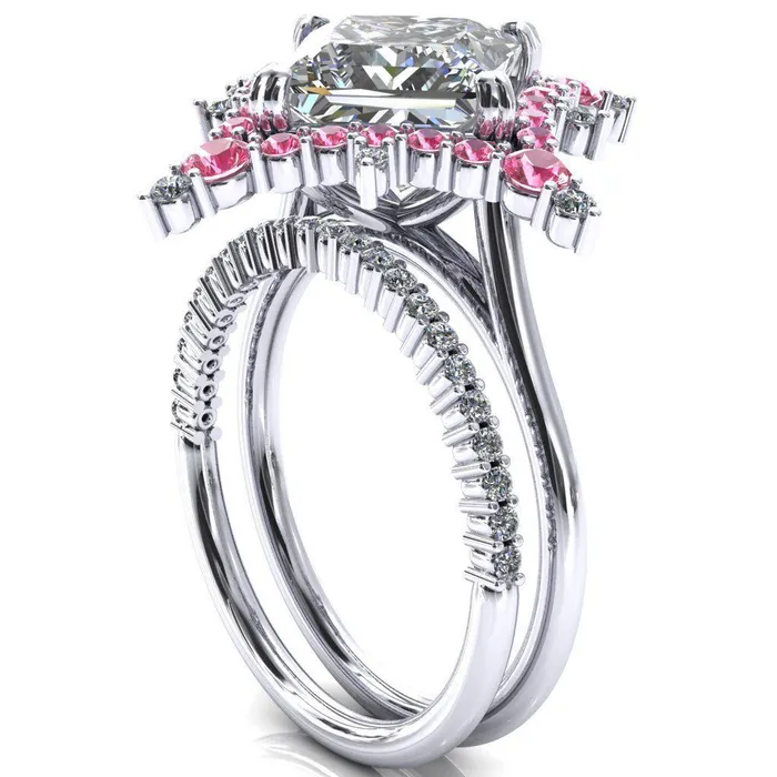 Rings Thalim PrincessSquare Moissanite 4Point Star Pink Sapphire and Diamond Halo Ring ver 2 Fire Brilliance 