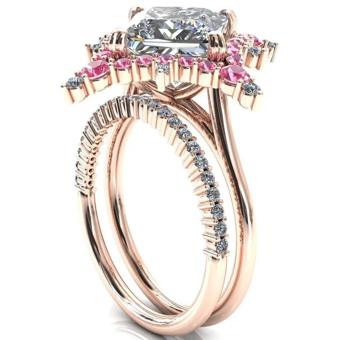 Rings Thalim PrincessSquare Moissanite 4Point Star Pink Sapphire and Diamond Halo Ring ver 2 Fire Brilliance 
