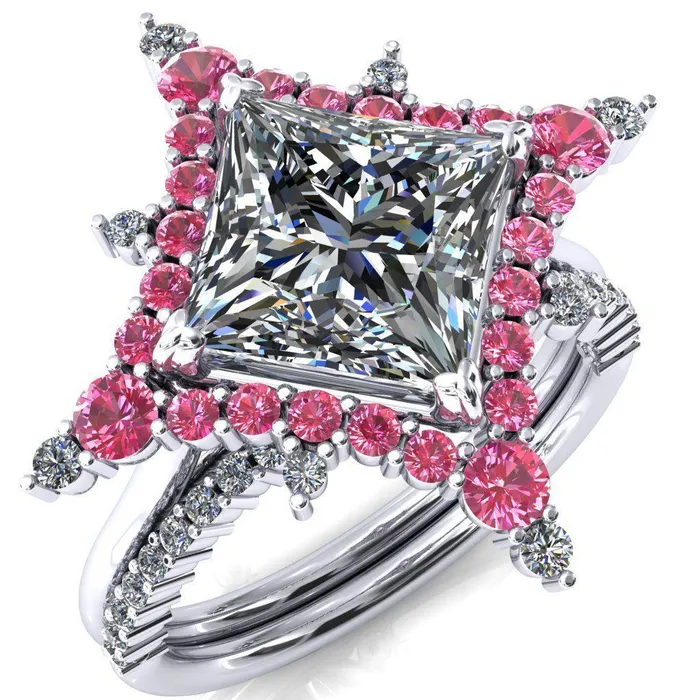 Rings Thalim PrincessSquare Moissanite 4Point Star Pink Sapphire and Diamond Halo Ring ver 2 Fire Brilliance 