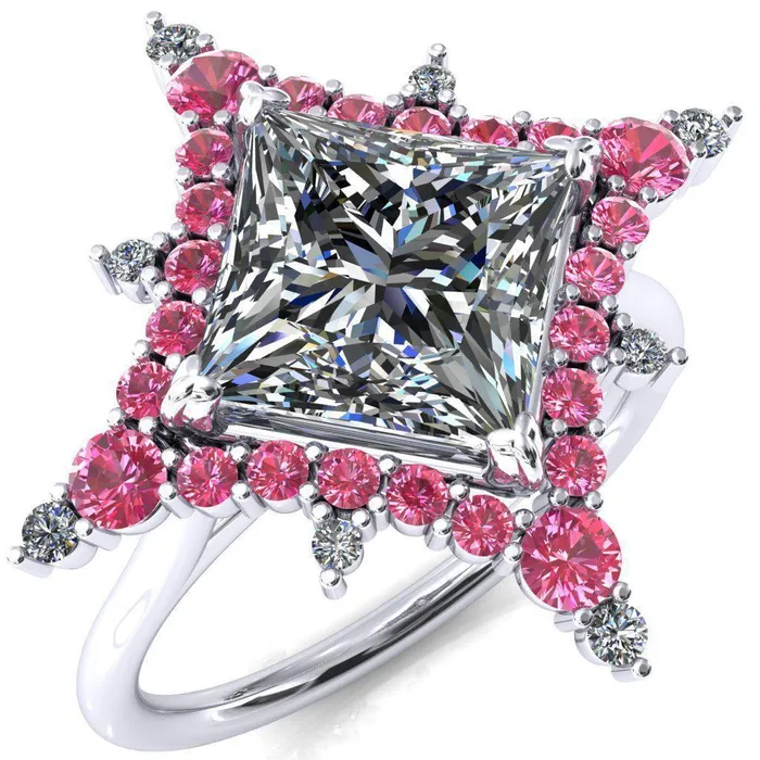 Rings Thalim PrincessSquare Moissanite 4Point Star Pink Sapphire and Diamond Halo Ring ver 2 Fire Brilliance 