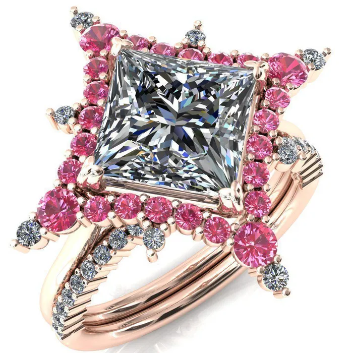 Rings Thalim PrincessSquare Moissanite 4Point Star Pink Sapphire and Diamond Halo Ring ver 2 Fire Brilliance 