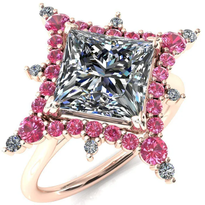 Rings Thalim PrincessSquare Moissanite 4Point Star Pink Sapphire and Diamond Halo Ring ver 2 Fire Brilliance 