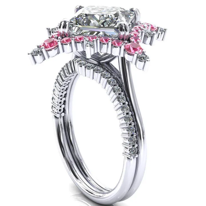 Rings Thalim PrincessSquare Moissanite 4Point Star Pink Sapphire and Diamond Halo Ring ver 2 Fire Brilliance 
