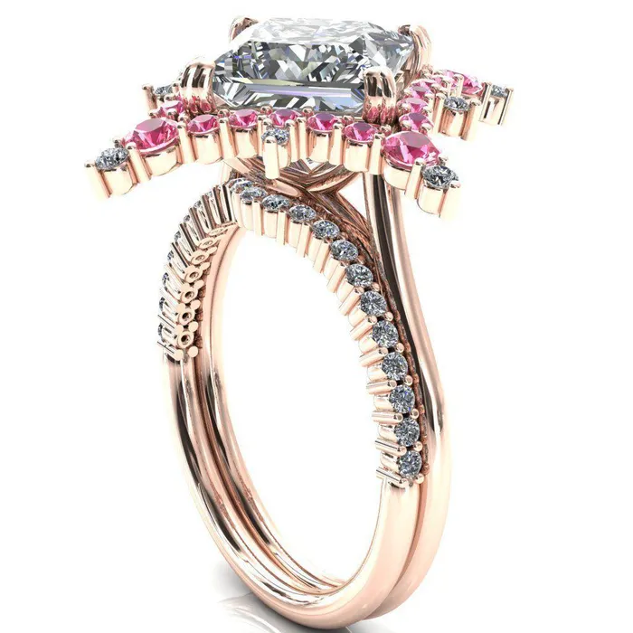 Rings Thalim PrincessSquare Moissanite 4Point Star Pink Sapphire and Diamond Halo Ring ver 2 Fire Brilliance 