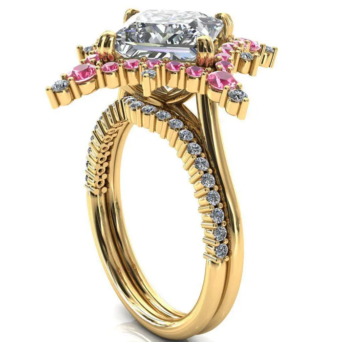 Rings Thalim PrincessSquare Moissanite 4Point Star Pink Sapphire and Diamond Halo Ring ver 2 Fire Brilliance 