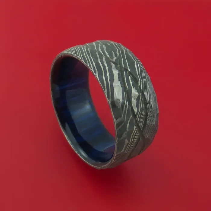Rings Wide Hammered Damascus Steel Ring with Infinity Milled Celtic Design Inlay and Interior Hardwood Sleeve Custom Made Band Lashbrook