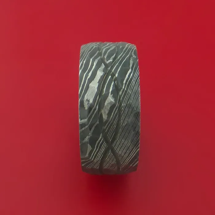 Rings Wide Hammered Damascus Steel Ring with Infinity Milled Celtic Design Inlay and Interior Hardwood Sleeve Custom Made Band Lashbrook Rings Wide Hammered Damascus Steel Ring with Infinity Milled Celtic Design Inlay and Interior Hardwood Sleeve Custom Made Band Lashbrook