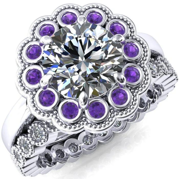 Rings Zinnia Round Center Stone 6 Prongs Milgrain Halo Accent Amethyst Ring Fire Brilliance Rings Zinnia Round Center Stone 6 Prongs Milgrain Halo Accent Amethyst Ring Fire Brilliance