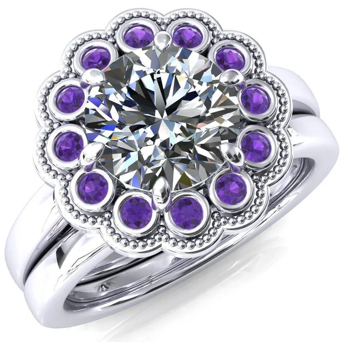 Rings Zinnia Round Center Stone 6 Prongs Milgrain Halo Accent Amethyst Ring Fire Brilliance 