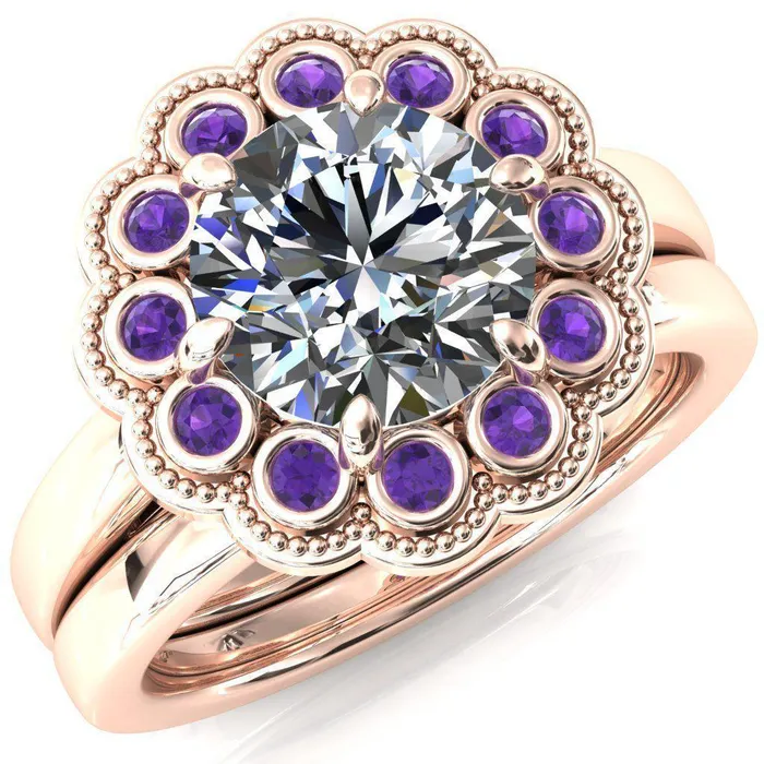 Rings Zinnia Round Center Stone 6 Prongs Milgrain Halo Accent Amethyst Ring Fire Brilliance 