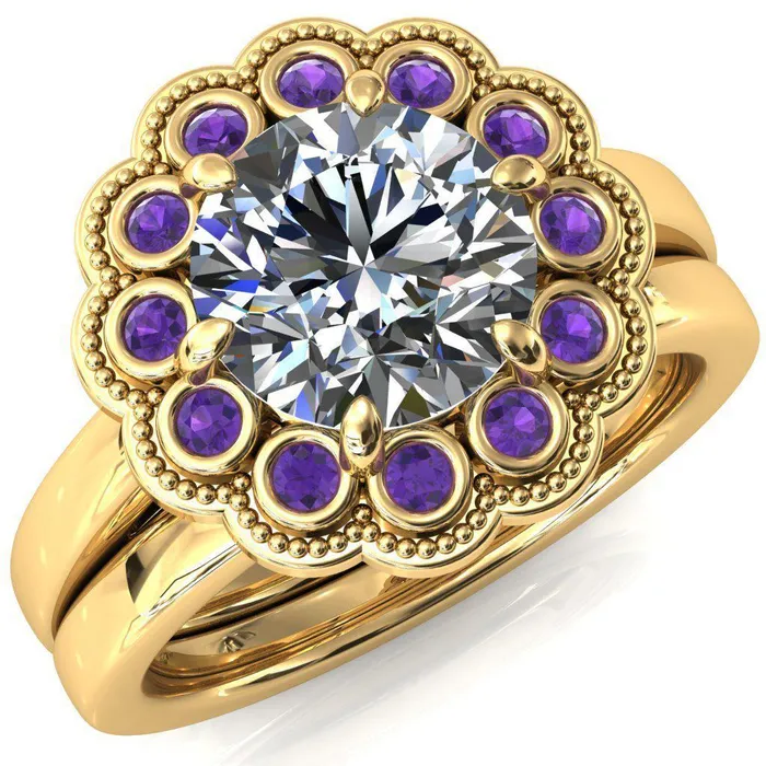 Rings Zinnia Round Center Stone 6 Prongs Milgrain Halo Accent Amethyst Ring Fire Brilliance 
